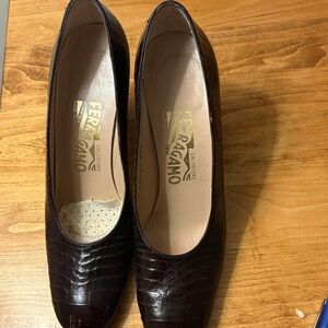 Salvatore Ferragamo Women's Dark Brown Croc-Embossed Heels